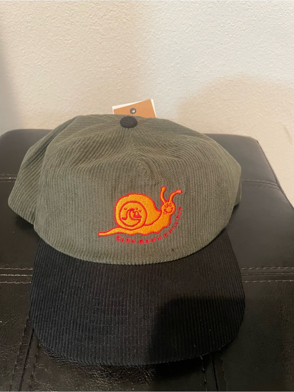 Quiksilver Olive and Black Corduroy Cap with Orange Snail Patch